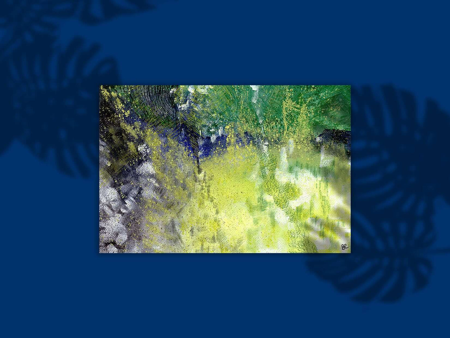 Watercolour Metal print displayed against dark background with leafy shadows