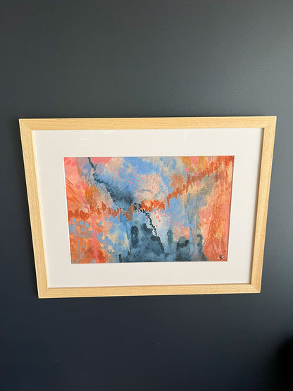 Framed Watercolour Abstract called Conundrum hanged on a dark blue wall