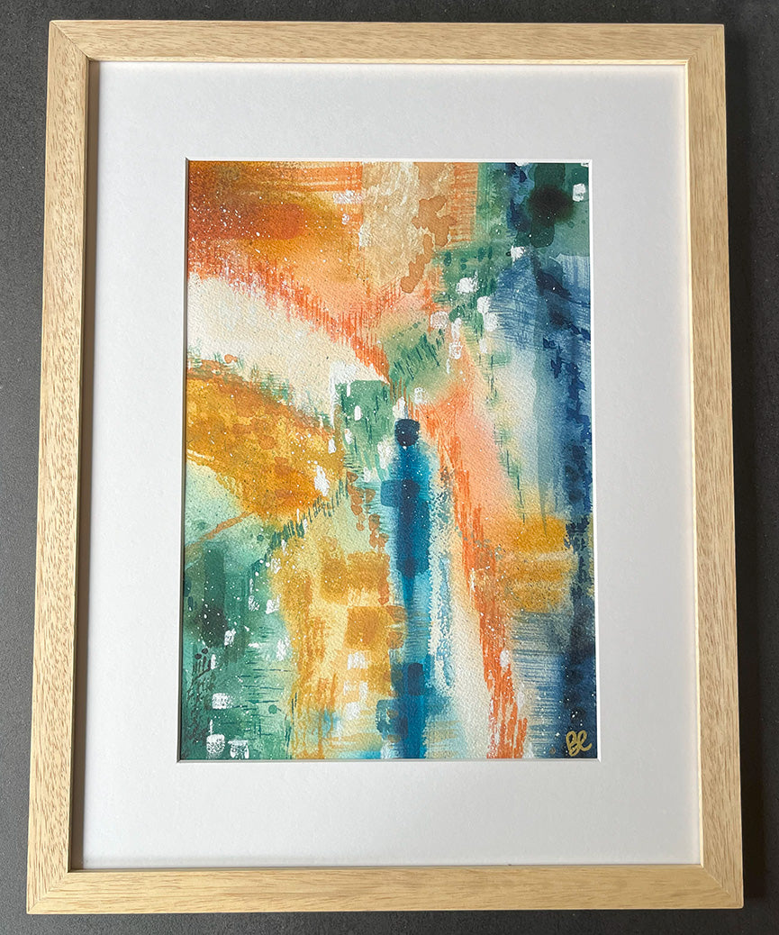 Close-up of Framed Watercolour Abstract called Yearning hanged on a dark blue wall