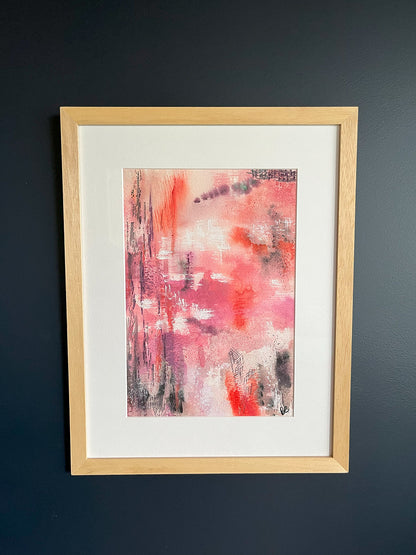 Framed Watercolour Abstract called Uplift hanged on a dark blue wall